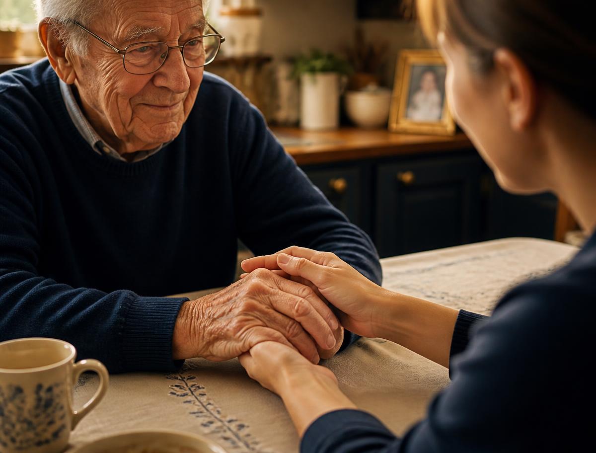 A caregiver gently holding an elderly man's hands at a kitchen table